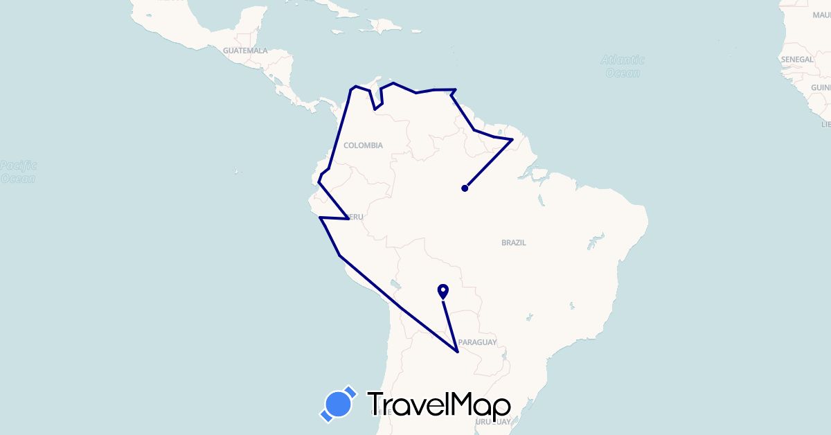 TravelMap itinerary: driving in Argentina, Bolivia, Brazil, Colombia, Ecuador, France, Guyana, Peru, Suriname, Trinidad and Tobago, Venezuela (Europe, North America, South America)